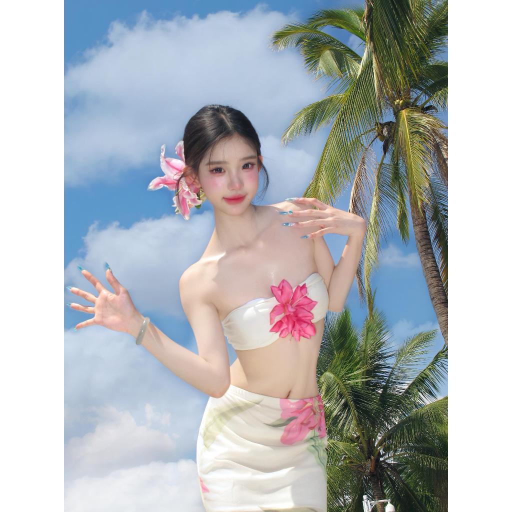 Bikini 2 chi tiết đi biển áo đính hoa kèm chân váy dài, Set váy đi biển vibe nàng thơ dễ thương hottrend - SV03 | BigBuy360 - bigbuy360.vn