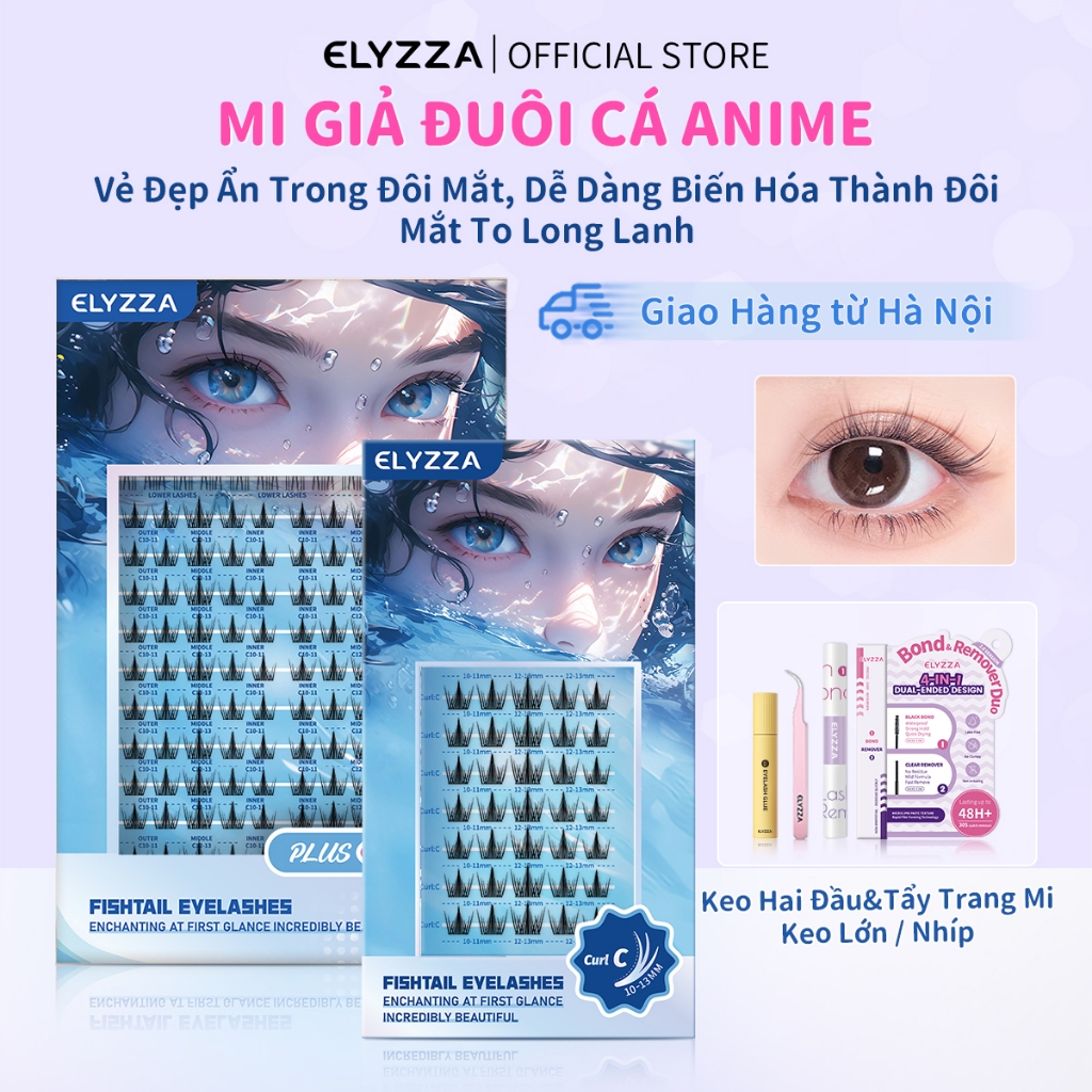 ELYZZA Mi Giả Đuôi Cá Anime - Lông Mi Tự Nhiên, Nối Mi Có Thể Tái Sử Dụng, 10-13mm, Mi Cụm Dễ Dán