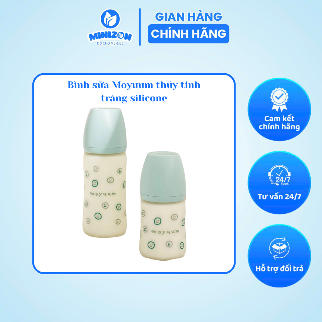 Bình sữa Moyuum thủy tinh tráng Silicone mẫu mới kèm núm / Minizon kid