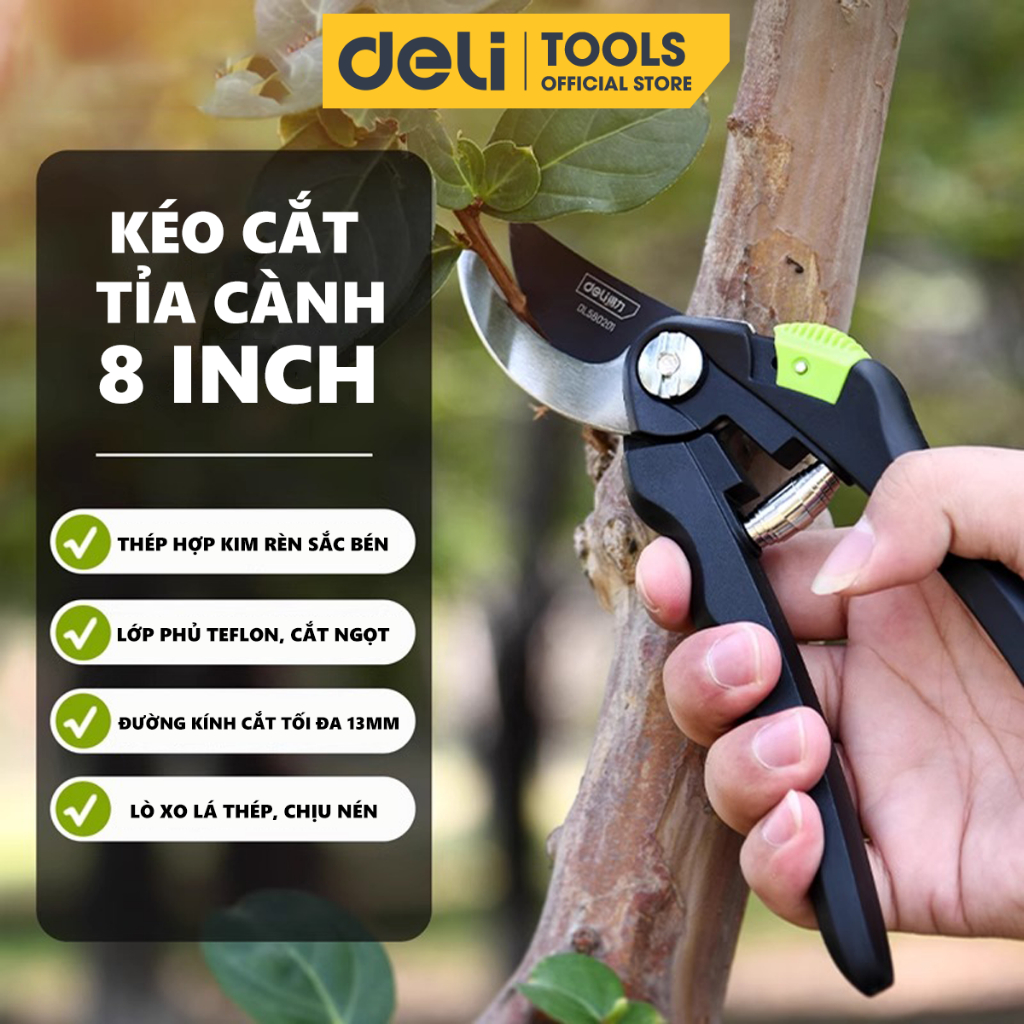 Kéo Cắt Tỉa Cành Cây Deli Cao Cấp 8/33inch - Lưỡi Thép Sắc Bén, Trợ Lực Không Gỉ Tỉa Hoa Bonsai