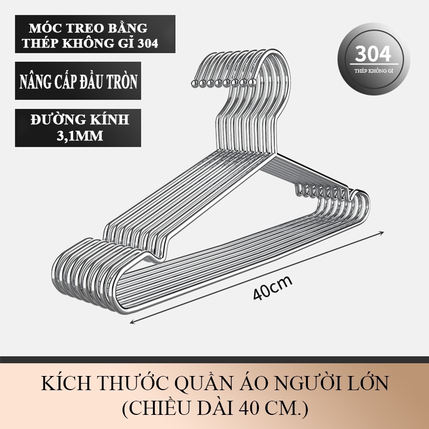 Set 30 Móc Treo Quần Áo Inox - Móc Inox Treo Phơi Đồ Người Lớn, Trẻ Em,Dài 32-42cm - Độ dày 3mm- Đầu Bo Tròn