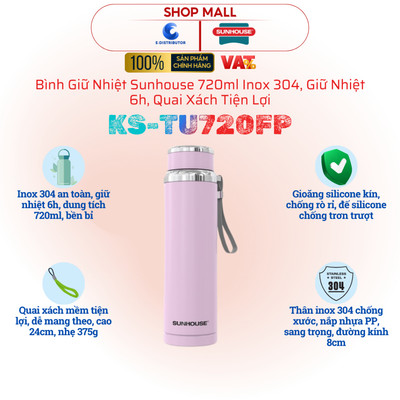 [HỎA TỐC] Bình giữ nhiệt Sunhouse KS-TU720FP/FW/FI - dung tích 720ml Inox 304, Giữ nhiệt 6h, Sơn chống xước