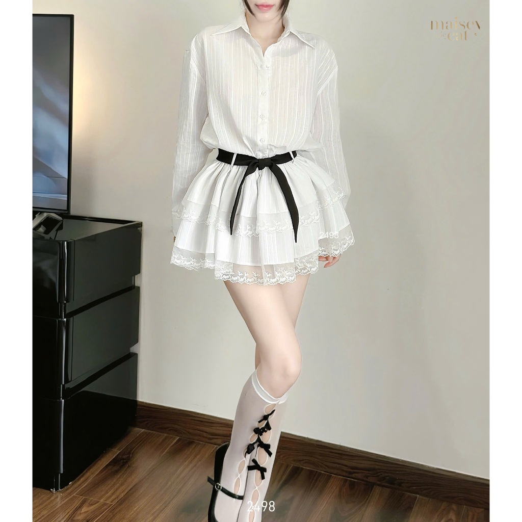 [MAISEY 2498] ĐẦM SƠ MI TRẮNG TÙNG TẦNG XOÈ PHỐI REN (QUẦN BẢO HỘ)