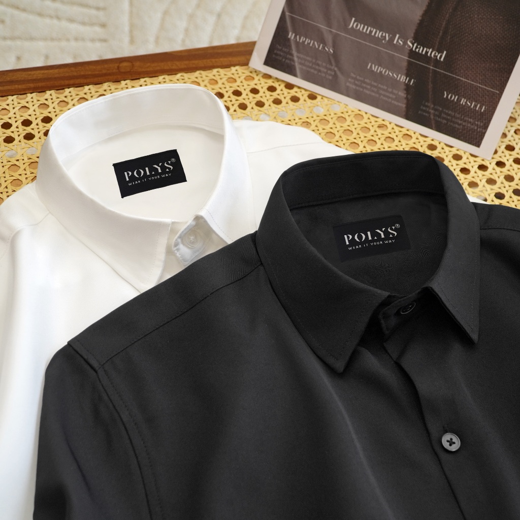 Áo sơ mi nam tay dài Trắng Đen POLYS, Vải Chéo Thái dày dặn, co giãn, thoáng khí LONG SLEEVE | BigBuy360 - bigbuy360.vn