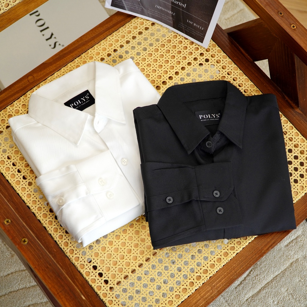 Áo sơ mi nam tay dài Trắng Đen POLYS, Vải Chéo Thái dày dặn, co giãn, thoáng khí LONG SLEEVE | BigBuy360 - bigbuy360.vn