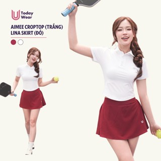 Set bộ đồ tập thể thao nữ cầu lông, pickleball áo Aimee croptop trắng mix chân váy Lina skirt đỏ Today U Wear