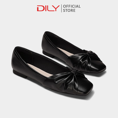 Giày búp bê nữ DILY mũi vuông đính nơ thanh lịch, giày bít mũi đế bệt êm ái cao 1cm DL0569