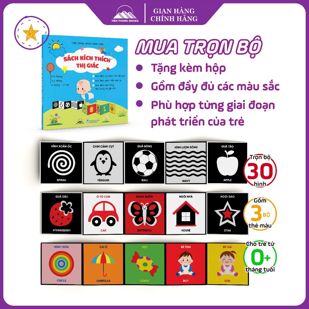 Sách - Thẻ Kích Thích Thị Giác Cho Bé - Bộ 3 Quyển Gấp Gọn Cho Trẻ Từ 0-3 Tuổi