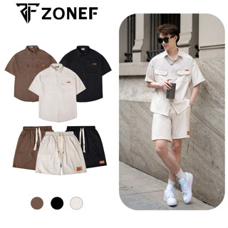 Bộ Quần Áo Nam Kiểu Sơ Mi Tay Ngắn Quần Short Có Túi ZONEF, Sơ Mi Ngắn Tay Vải Thô Kaki Thoáng Mát Menswear Shirt (BD)