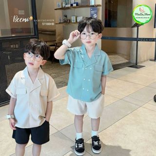 [BEEMO] Set quần áo VEST CỘC TAY màu xanh/be cho bé trai 1-7 tuổi mặc đi tiệc/chụp ảnh/đi chơi