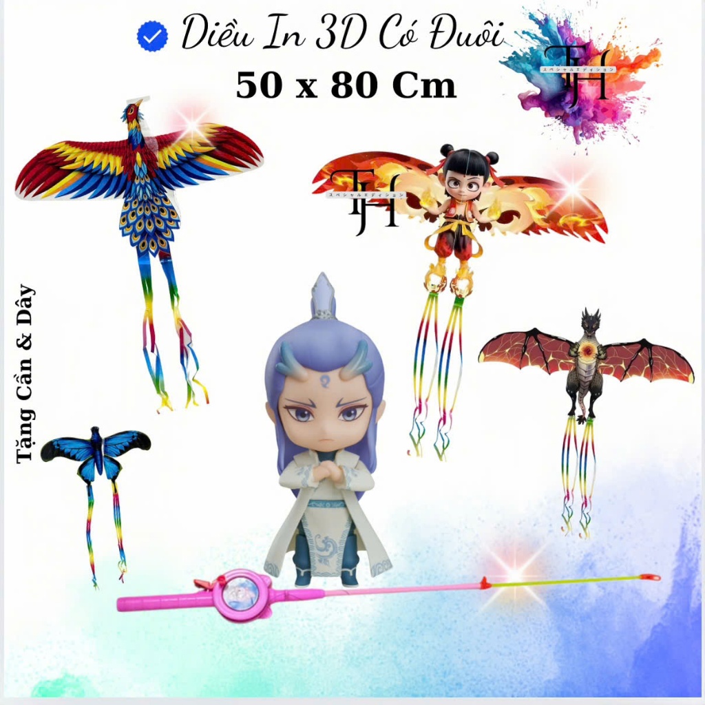 Diều cần câu 3D cho bé, Diều họa tiết dễ thương kèm dây 30 mét và cần câu
