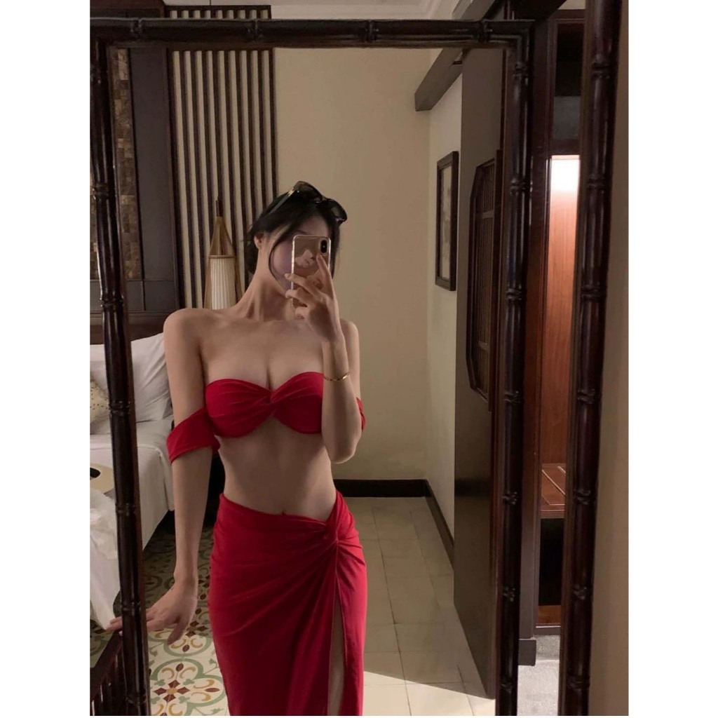 [BIKINI LOẠI 1] Bikini nữ váy dài, đồ tắm 3 mảnh váy dài áo XOẮN TAY CON màu đỏ xinh xắn (kèm sẵn mút ngực) | BigBuy360 - bigbuy360.vn