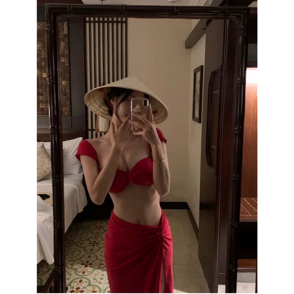 [BIKINI LOẠI 1] Bikini nữ váy dài, đồ tắm 3 mảnh váy dài áo XOẮN TAY CON màu đỏ xinh xắn (kèm sẵn mút ngực) | BigBuy360 - bigbuy360.vn