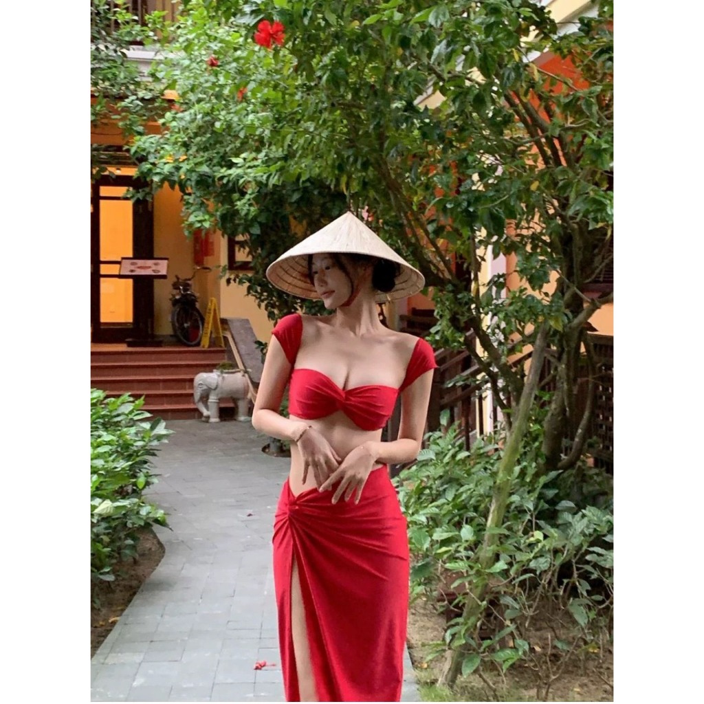 [BIKINI LOẠI 1] Bikini nữ váy dài, đồ tắm 3 mảnh váy dài áo XOẮN TAY CON màu đỏ xinh xắn (kèm sẵn mút ngực) | BigBuy360 - bigbuy360.vn
