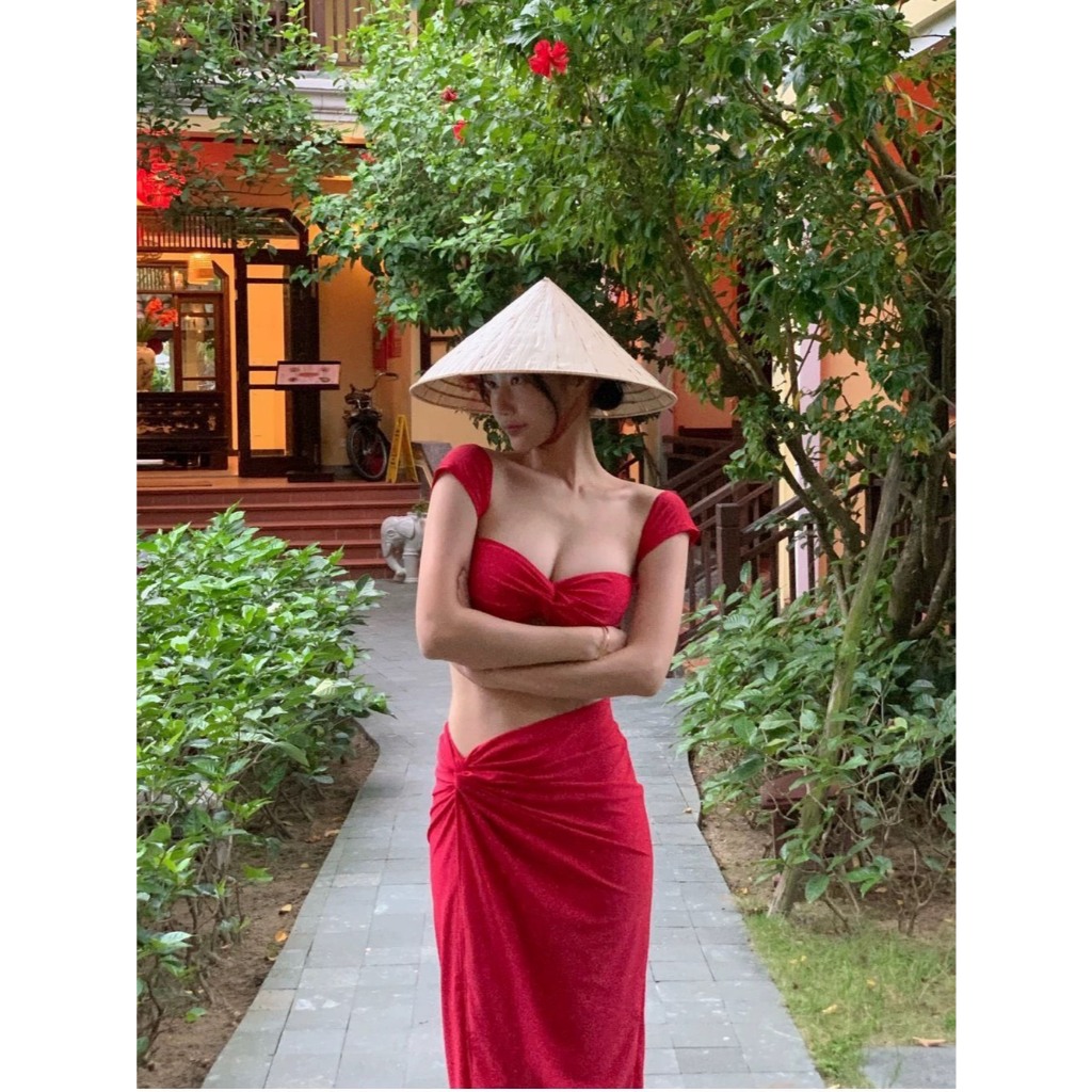 [BIKINI LOẠI 1] Bikini nữ váy dài, đồ tắm 3 mảnh váy dài áo XOẮN TAY CON màu đỏ xinh xắn (kèm sẵn mút ngực) | BigBuy360 - bigbuy360.vn