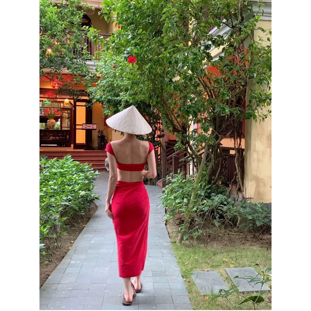 [BIKINI LOẠI 1] Bikini nữ váy dài, đồ tắm 3 mảnh váy dài áo XOẮN TAY CON màu đỏ xinh xắn (kèm sẵn mút ngực) | BigBuy360 - bigbuy360.vn