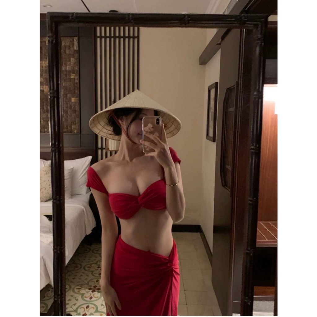 [BIKINI LOẠI 1] Bikini nữ váy dài, đồ tắm 3 mảnh váy dài áo XOẮN TAY CON màu đỏ xinh xắn (kèm sẵn mút ngực) | BigBuy360 - bigbuy360.vn