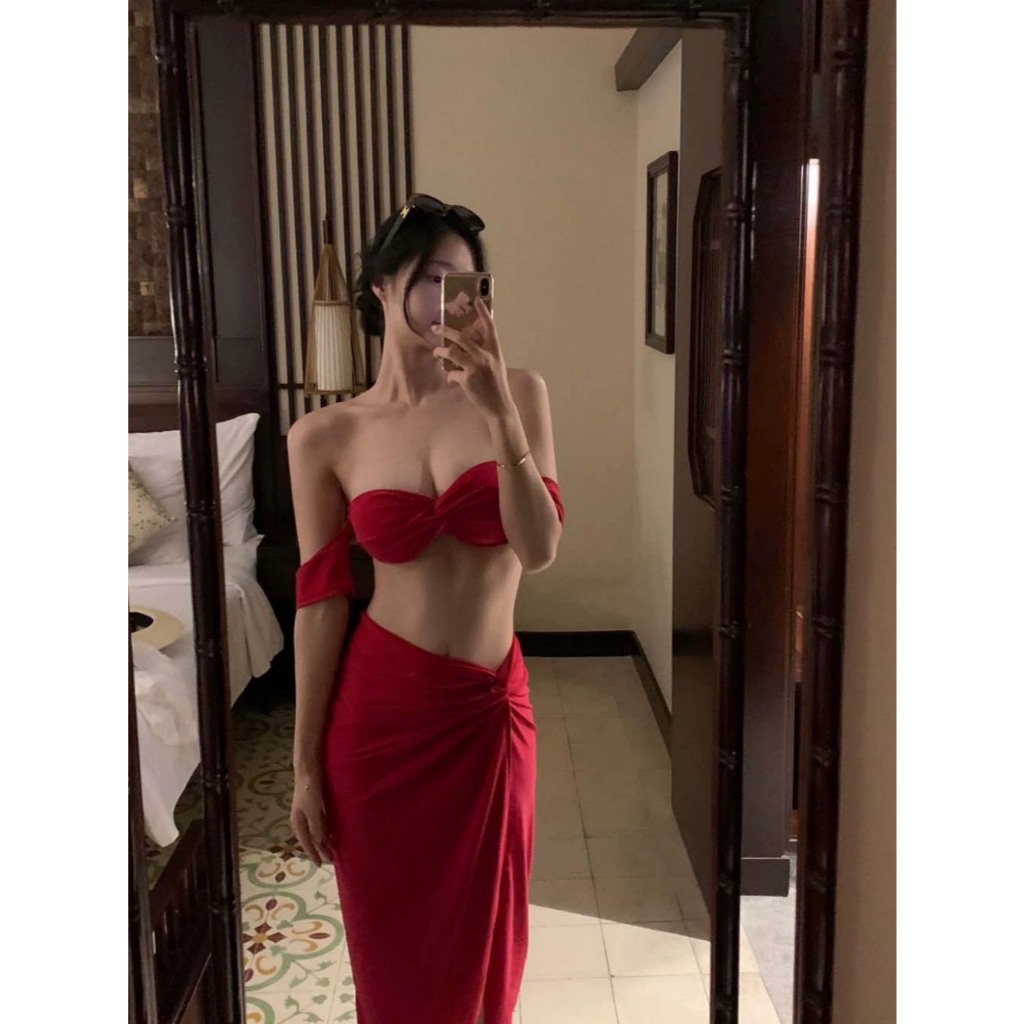 [BIKINI LOẠI 1] Bikini nữ váy dài, đồ tắm 3 mảnh váy dài áo XOẮN TAY CON màu đỏ xinh xắn (kèm sẵn mút ngực) | BigBuy360 - bigbuy360.vn