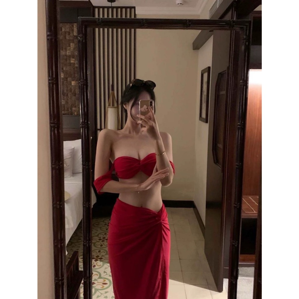 [BIKINI LOẠI 1] Bikini nữ váy dài, đồ tắm 3 mảnh váy dài áo XOẮN TAY CON màu đỏ xinh xắn (kèm sẵn mút ngực) | BigBuy360 - bigbuy360.vn