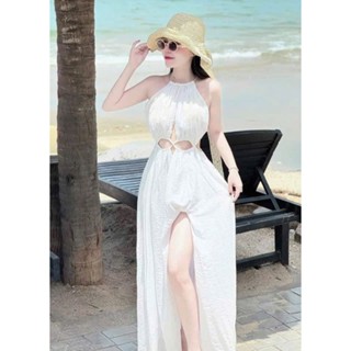 Đầm váy nữ thiết kế nhẹ nhàng cuốn hút đầm đũi vân mây cổ yếm kết hợp khoét eo có mút dáng dài maxi xẻ tà siêu tôn dáng