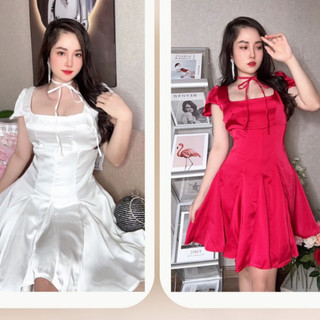 (Ảnh Thật) Đầm lụa cổ vuông đang xoè, Đầm nữ dạo phố dự tiệc