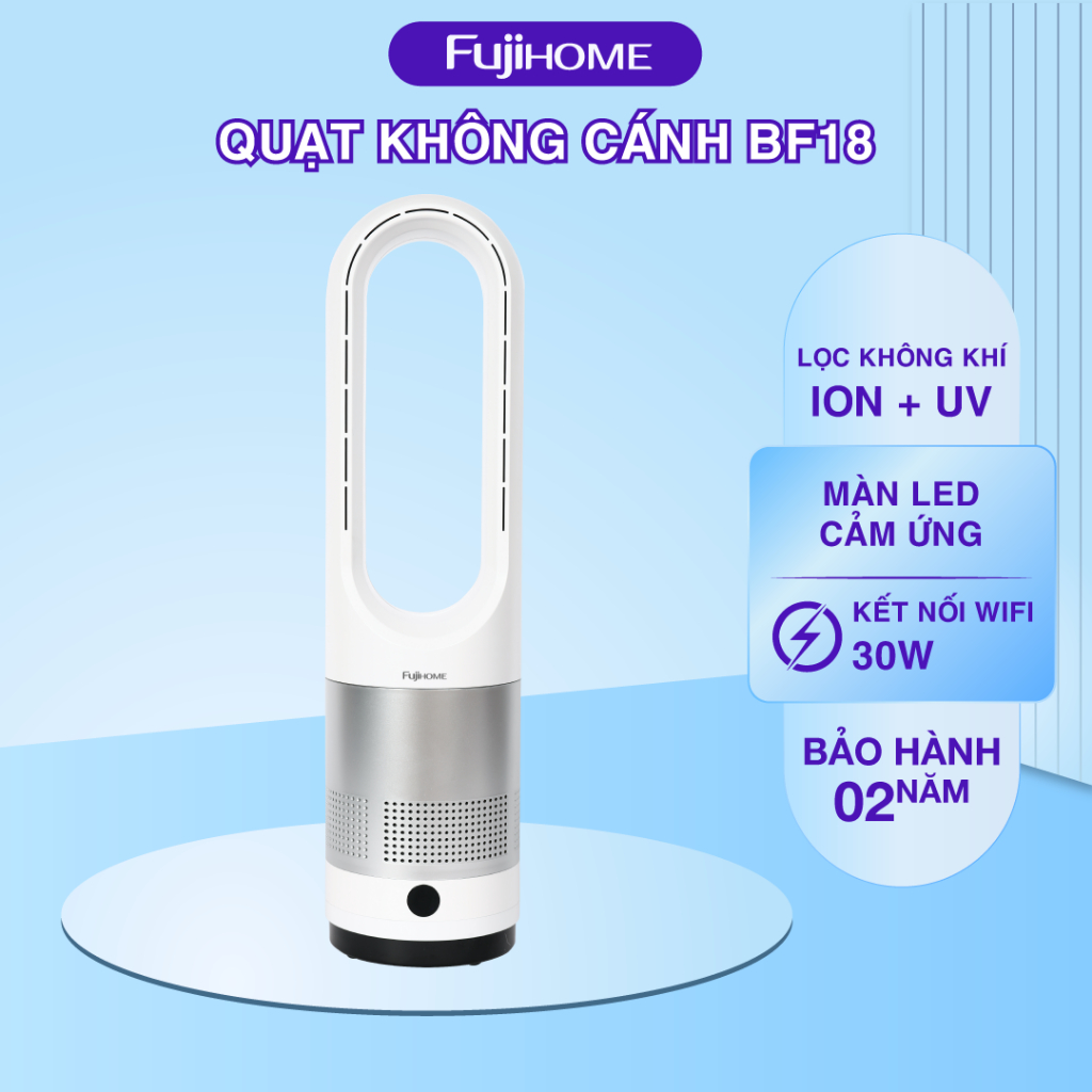 Quạt không cánh mini FUJIHOME BF18 lọc không khí khử khuẩn Anion + UV kết nối WIFI - Bảo hành 24 thá