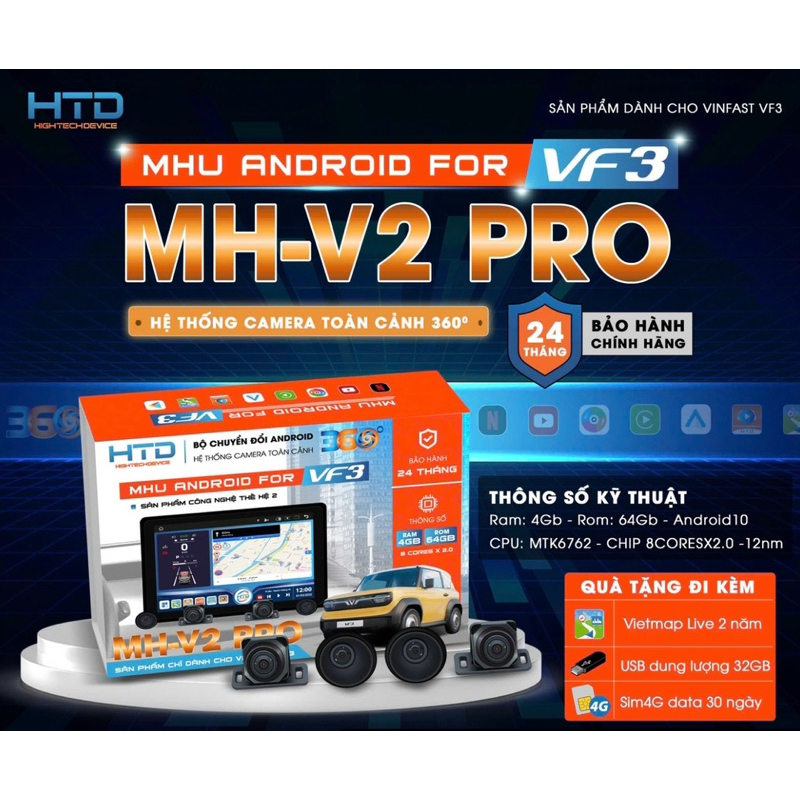 Bộ chuyển đổi MHU Androi cho xe VF3 có cam 360 - phiên bản Pro 2025