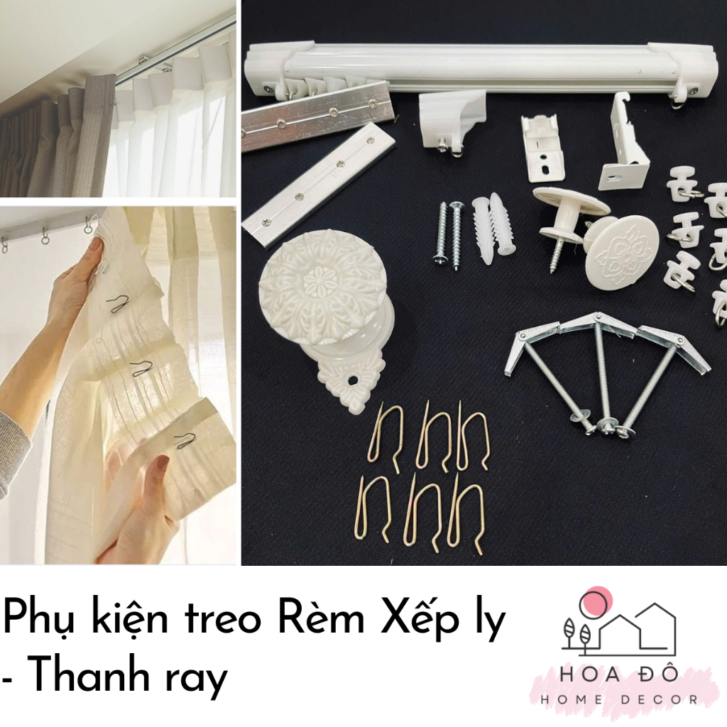 Phụ kiện THANH RAY trượt treo rèm cửa - bát đỡ thanh ray, bi ray, móc treo rèm