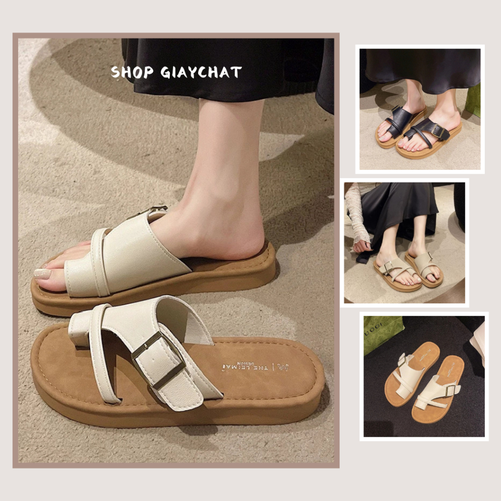 Dép Lê Xỏ Ngón Nữ Nửa Quai Dây Ngang Đế Bệt Cao 2cm Đen Kem Trắng || Dép Xỏ Ngón Khuy Vuông Mã N24