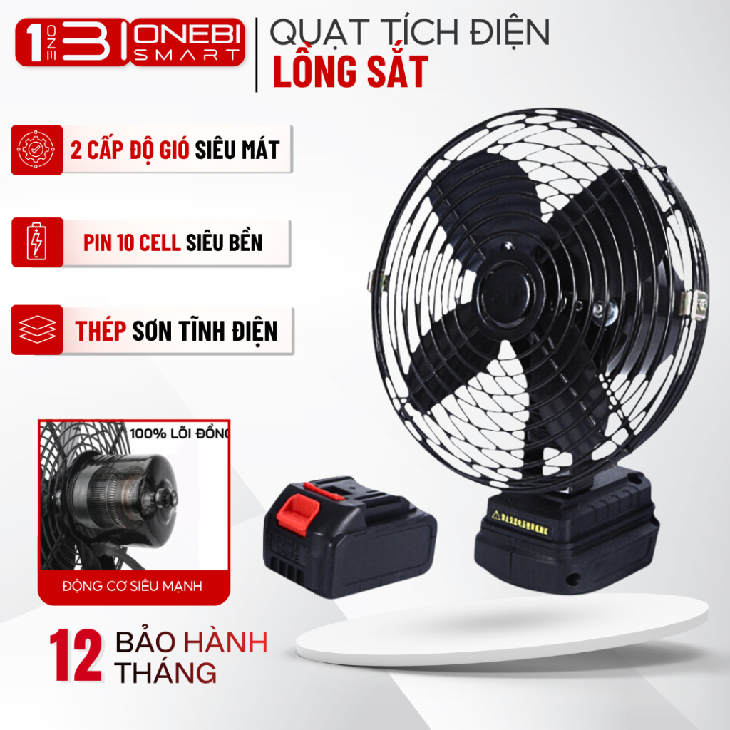 Quạt Tích Điện Lồng Sắt Đế Pin 21V Phổ Thông Kích Thước 8 Inch Dùng Liên tục 8 Tiếng, 2 Cấp Độ Gió Siêu Mát
