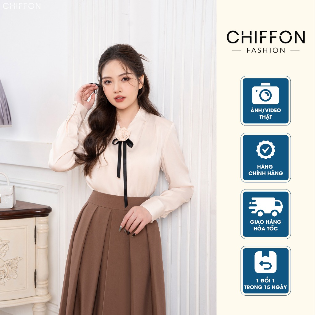 Áo sơ mi nữ lụa gân cài hoa cổ tim cao cấp Chiffon