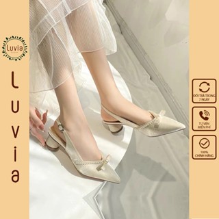 Giày cao gót 5 phân mũi nhọn vải lụa phối nơ và ngọc Luvia 203CG