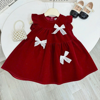 Váy bé gái, set váy bé gái, váy đỏ nhung tay cánh tiên phối nơ hoa dáng xoè cho bé từ 8-20kg Cherry Kids