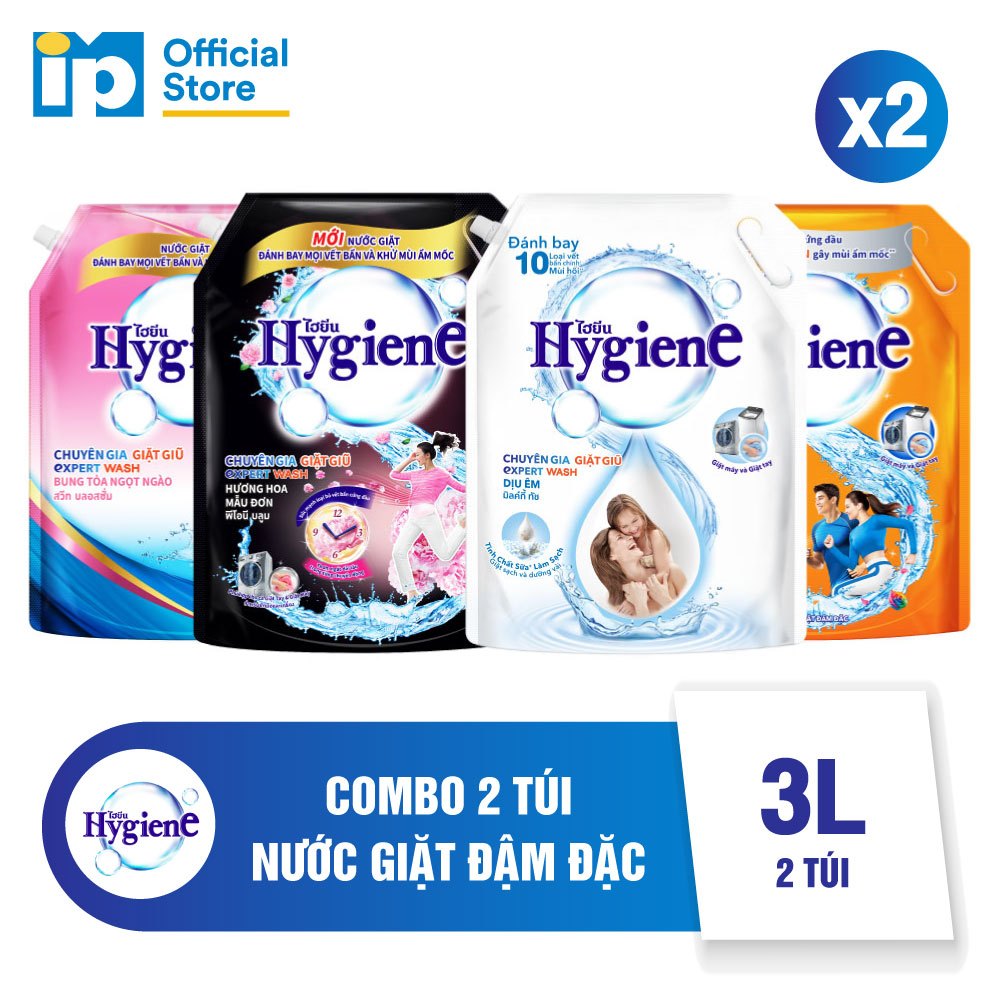 Combo 2 Nước Giặt Đậm Đặc Hygiene 3L (Dịu Êm/ Ánh Dương Hạnh Phúc/ Mẫu Đơn/ Bung Toả Ngọt Ngào)