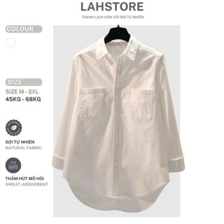 Áo sơ mi nữ form rộng tay dài vải thô cotton LAHSTORE 2 túi ngực, lưng 3 mảnh trẻ trung AT01 (Trắng)