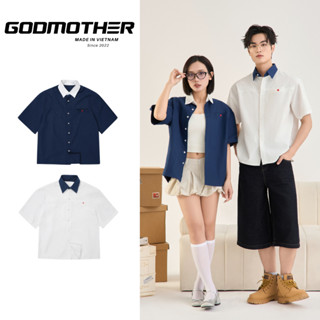 Áo Sơ Mi Cộc Tay Boxy GODMOTHER Sơ Mi Phối Xanh Navi Trắng Cổ Bẻ Form Boxy Phong Cách Thời Thượng