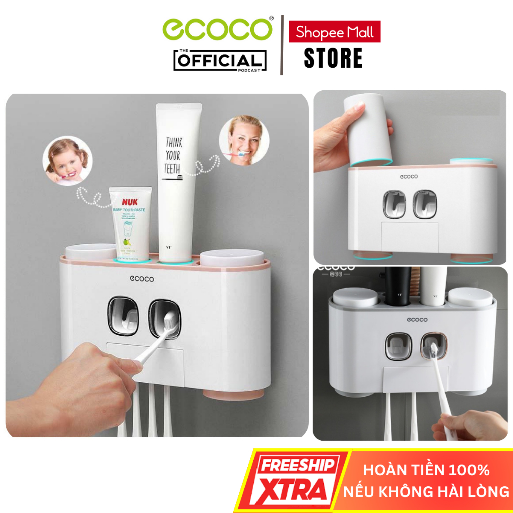 Bộ Nhả Kem Đánh Răng ECOCO 4 Cốc 2 Nhả Kem E1802, Kệ Để Bàn Chải Dán Tường Cao Chất liệu Nhựa ABS