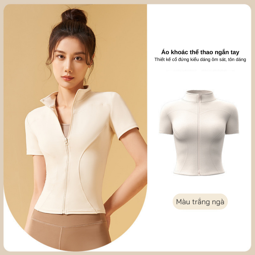 Áo Thun Tập Gym Nữ Ngắn Tay Khóa Kéo Cổ Đứng - Vải Nhanh Khô Co Giãn, Ôm Dáng Tôn Eo