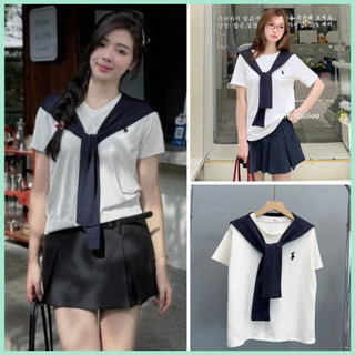  Áo thun thủy thủ tay lỡ chất cotton thêu ngựa phối khăn quàng thoáng mát 