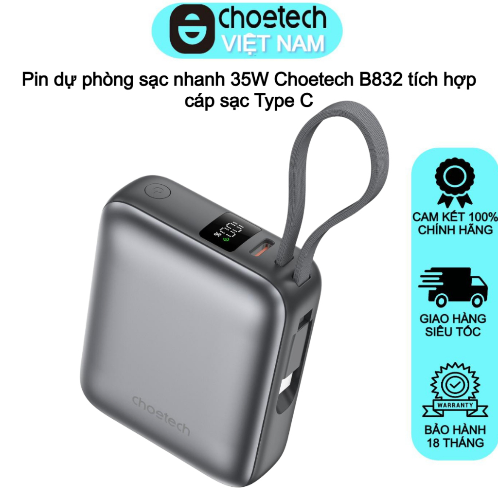 Pin dự phòng sạc nhanh 35W Choetech B832 tích hợp cáp sạc Type C
