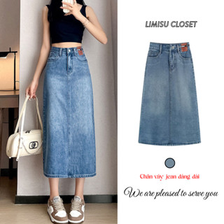  Chân váy jean dáng dài cạp cao chữ A LIMISU Chân váy bò xẻ tà sau phong cách Hàn Quốc 