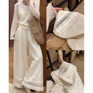 (Hàng QC L1) Quần Suông Ống Rộng Chất Thô Boi Thêu Hoa Cạp Chun Phối Viền Ren Gấu Màu Be