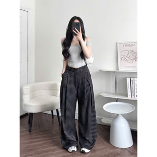 Quần kẻ sọc ly chéo form suông đẹp, quần rộng ống đứng chất liệu mát phong cách trẻ trung dễ phối đồ HQ39