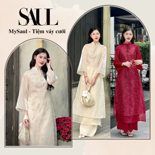 Áo Dài Cách Tân Hồng Sư Chất Liệu Voan Tơ Họa Tiết Hoa Thêu Nổi Sang Trọng - Tiệm Váy Cưới MySaul