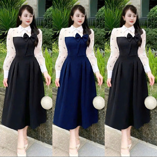   N040  Đầm váy thiết kế EllY Dài Tay Phối Nơ Dáng Xoè Tay Dài Cho Nữ Đi Chơi Đi Tiệc Đi Làm - Women 