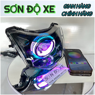 Pha Đèn 2 Tầng  Độ Sẵn Bi Cầu F11  60w ( KÈM MẠCH SẠC )  Lắp Wave 50-100-110 Mắt Quỷ Đổi Màu App + Vòng 3D Trắng