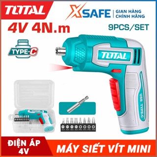 Máy vặn vít mini cầm tay TOTAL Máy bắn vít pin 4V đầu lục giác 1/4, kèm nhiều phụ kiện, cáp sạc USB