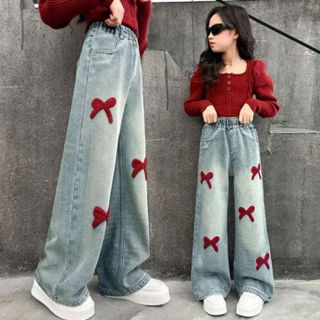 Quần Jean Thêu Suông Bigsize Nữ Ống Rộng Lưng Cao Cạp Thun Co Giãn Mềm Họa Tiết Nơ Đỏ Cá Tính Q551