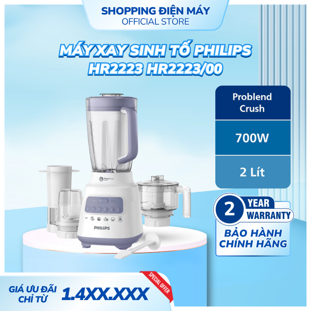 Máy xay sinh tố Philips HR2223 HR2223/00 bộ 3 cối xay nhựa, 5 chế độ, nghiền mịn đá