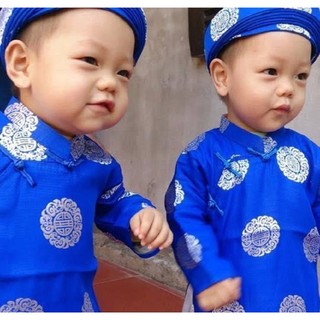  Áo dài truyền thống bé TRAI Xanh xu Gấm Thái Tuấn  Áo + Quần + Nón khăn xếp  